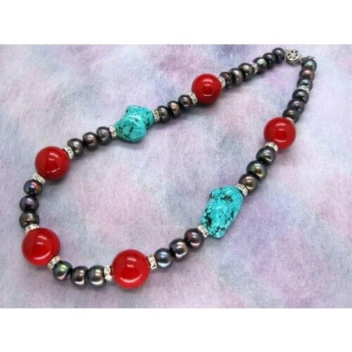 New Arriver Beautiful Freshwater Pearls Red Coral Blue Turquoises Rhinestone Necklace