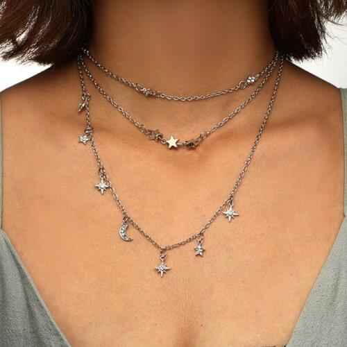 Tassel Charm Layered Necklace Women Moon And Star Rhinestones Necklace Metal Gold Color Party Birthday Gift Female Jewelry