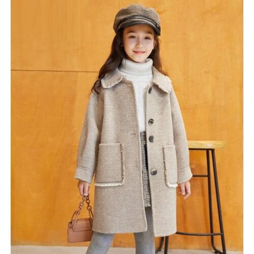 6-13 Yrs Girls Coats Fashion Autumn Winter Warm Thick Kids Outwear Solid Color Children Clothing Single-breasted Long Outerwear