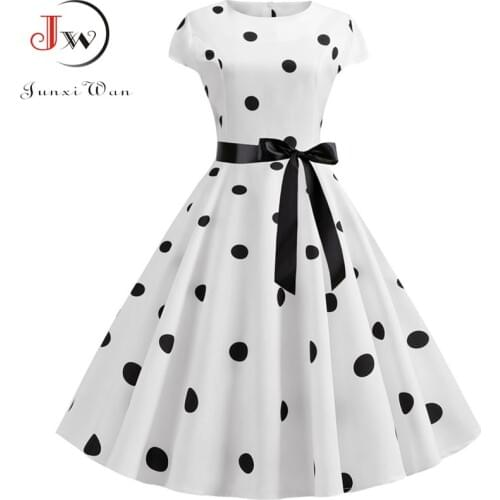 Short Sleeve Polka Dot Summer Dress Women White Elegant A-line Midi Party Dress Vestidos 50s 60s Rockabilly Vintage Dress