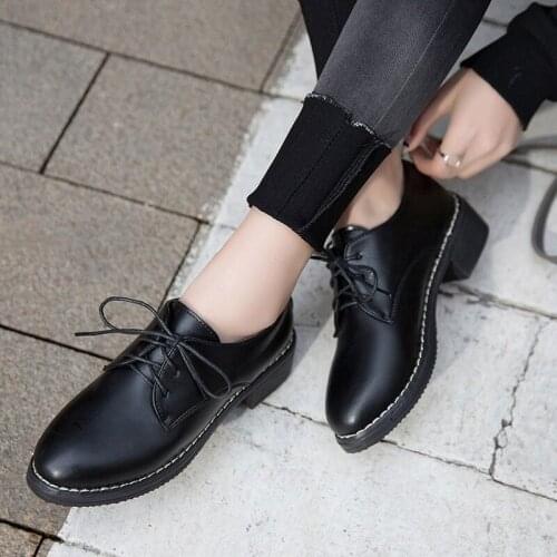 Oxford Shoes for Women Flats New Solid Leather Lace Up Square Low Heels Casual Shoes Woman Brogues Plus Size Zapatos De Mujer