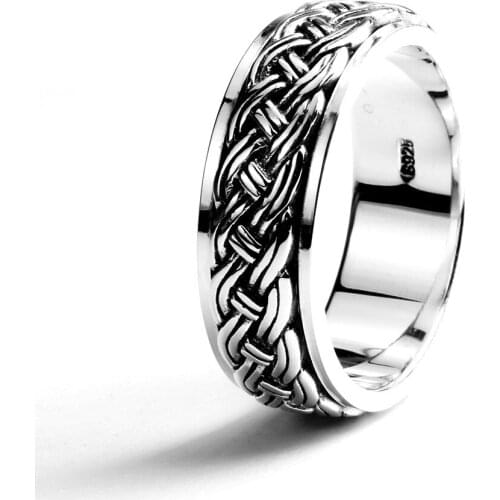 Rotatable Mens Rings Vintage Punk Hemp Rope Design Real 925 Sterling Silver Fine Jewelry