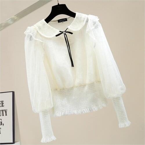 Women Fashion Blouse Retro Lantern Sleeve Diamond Bow Doll Collar Embroidered Girdle All-Matching Lace Shirt Lady Chic Tops