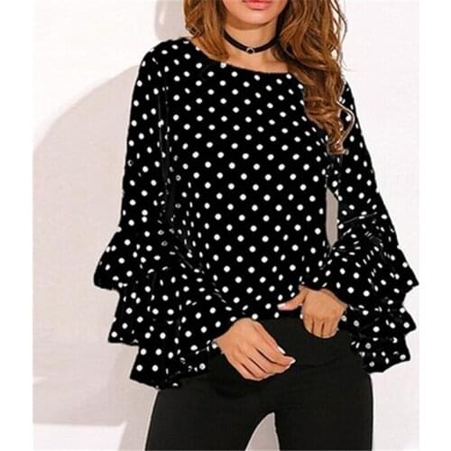 Womens Shirt New Layered Trumpet Sleeve Round Collar Female Blouse Tops Polka Dot Shirt 2020 New Fashion