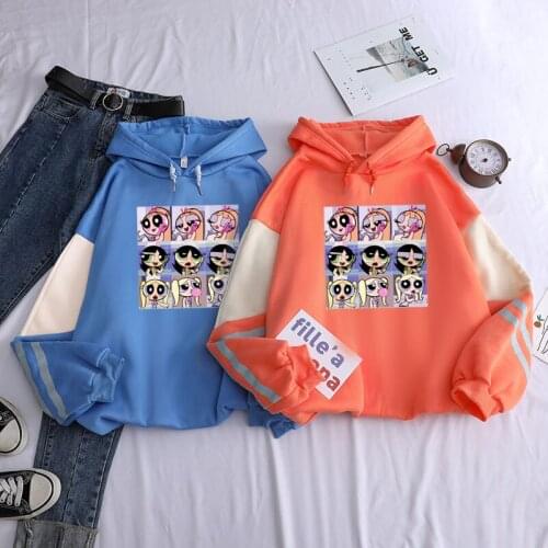 Kawaii buttercup sweatshirt hip hop contrast color hoodie Blossom Bubbles Harajuku print three-color hoodie Female hoody Pullove