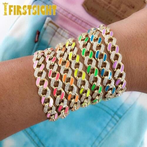 New 8mm Colorful Ename Rhinestonel Miami Curb Cuban Bracelet Women Hip Hop Jewelry Thick Gold Color CZ Cuban Link Bracelets