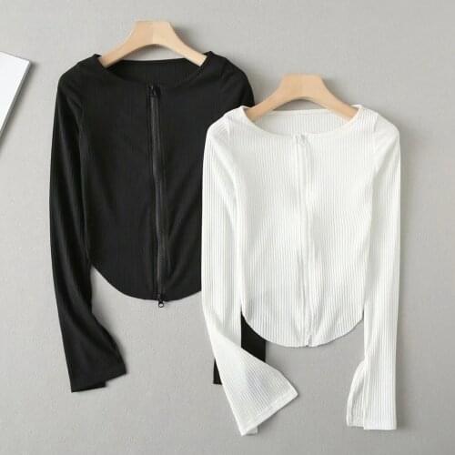 2021 Spring Womens Thin Double Zipper Cardigan Irregular Arc Hem Thread Long Sleeve T-shirt Tops