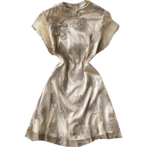 2021 Summer New Improved Cheongsam Vestidos Female Retro Embroidery Beaded Small Stand-up Collar Slim Mini Dress KK037