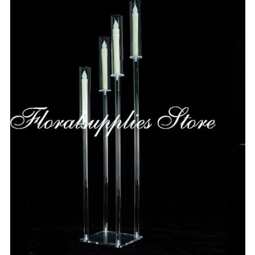 10PCS 4 Heads Clear Candelabra Candle Holders Acrylic Wedding walkway stand Flower Stand Home Decor