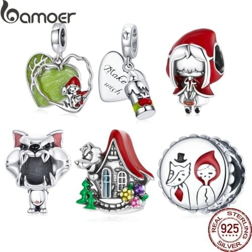 Bamoer 925 Sterling Silver Fairy Tale Charm Little Red Riding Hood Forest Love Candle House Wolf Charm for Original Bracelet DIY