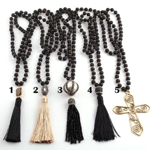 Free Shipping Fashion Black Lava Stones Bohemian Tribal Jewelry Long Tassel Necklace
