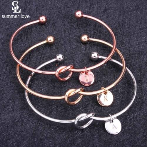 Simple 26 Letters Charm Initial Bangle Bracelet Cuff Bangles Tie Knotted Opening Bangles Women Girlfriends Love Gift