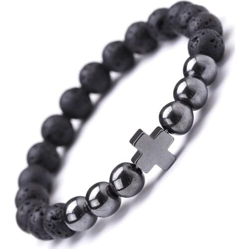 Black Volcanic Stones Beaded Bracelets Hematite Cross Buddha Lion Head Stone Reiki Healing Bracelet Gift Jewelry For Men