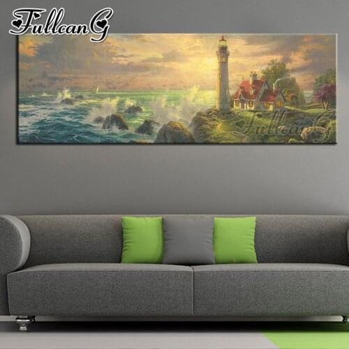 FULLCANG diy 5d full square diamond embroidery lighthouse idyll large mosaic canvas painting landscape home decoration FC2183