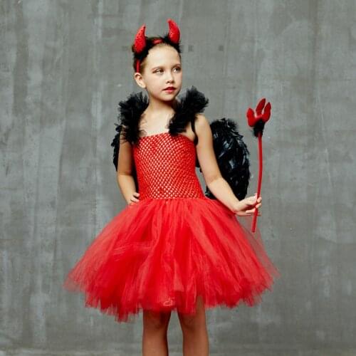 Halloween Costume Dress For Girls Baby Red Devil TUTU with Wing Fancy Dressing Up Girl Cosplay Outfits Ball Gown Photo Props