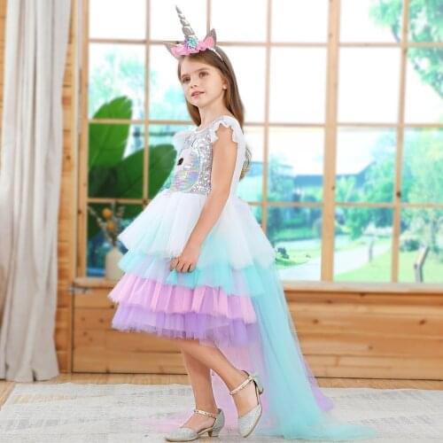 Unicorn Pony Costume Girl Christmas Halloween Birthday Party Multi-layer Ruffles Summer Rainbow Sequin Backless Tail Tutu Dress