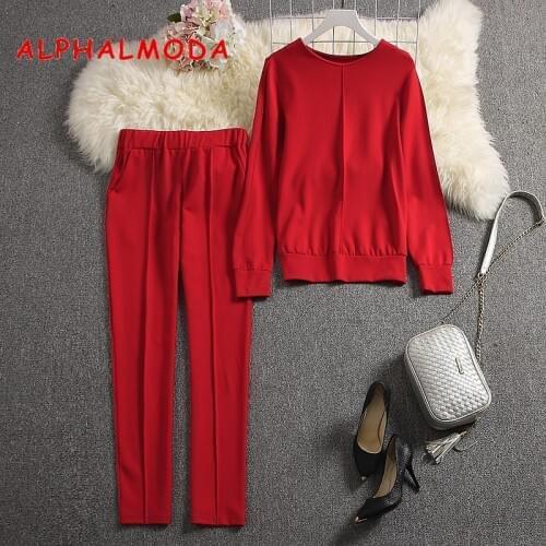 ALPHALMODA 2019 Autumn New Arrival Womens Quality Tracksuits Long-sleeved Sweater Pants 2pcs Set Solid Fashion Suit