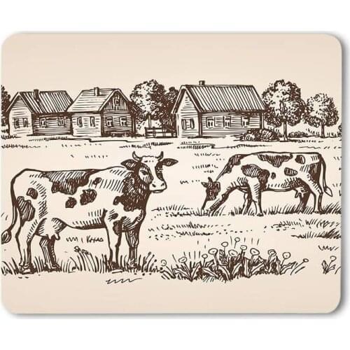 Cow Mouse Pad Farm Village Landscape House Countryside Animal Rustic Tree Nature Gaming Mouse Mat Non-Slip Rubber Base