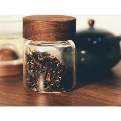 Solid Wood Lid Tea Caddy Coffee Jam Storage Bottle Kitchen Storage Heat-resistant Glass Sealed Storage Tank Storage Decoration