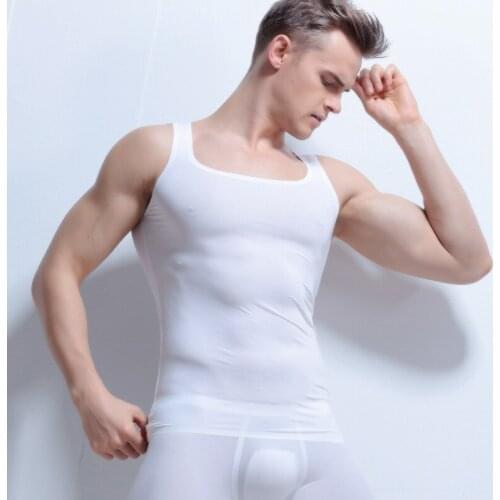 2XL Mens Undershirts Ice Silk Slip Sleeveless Tank Top Gay Transparent Ondershirt Sexy Shirts Summer Tops Tees Unterhemd Herren