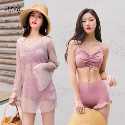 Korean Style Cute Swimsuit Women Swimwear 2021 High Waist Bikini Set 3 Piece Bathing Suit Cover Up See Through Swimming Suit
