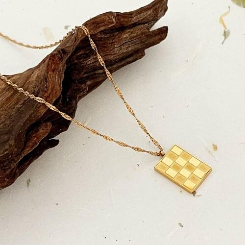 Monlansher Geometric Lattice Square Card Pendant Necklace Titanium Steel Chain Choker Hip hop Unisex Stylish Necklaces Jewelry