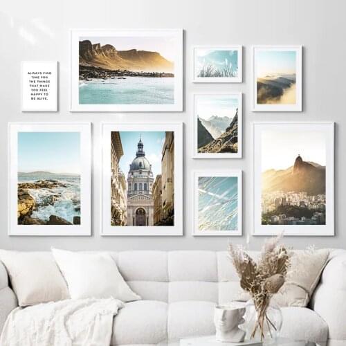 Sea Sky Mountain Building Tree Reed Leaf Wall Art Canvas Painting Nordic Posters And Prints Wall Pictures For Living Room Decor