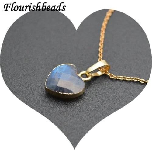 Natural Shiny Labradorite Faceted Stone Heart Pendant Linked Chains Necklace Fashion Woamn Jewelry