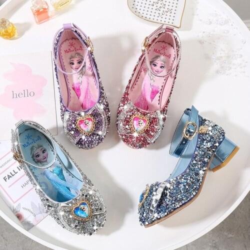 Disney girls high heels autumn new childrens princess casual shoes soft bottom anti-skid frozen crystal leather shoes