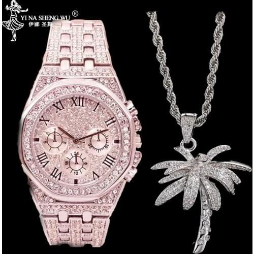 Hip Hop Bling Iced Out Micro Paved CZ Palm Tree Necklace & Watch Set Gold Color Pendant With Rope Chain For Men Rapper Jewelry