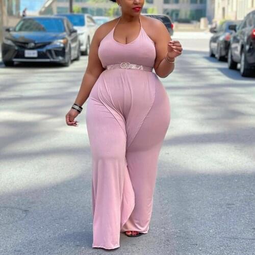 Plus Size African Jumpsuits and Rompers For Women Large Solid Spaghetti Strap Round Neck High Waisted Ruffles Elegant Jumpsuits