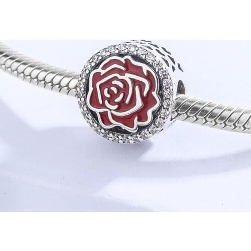 Romantic Valentines Day custom red rose flower 925 sterling silver charms bangle for lover Fit European and American women