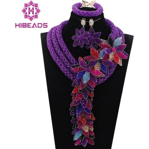 Luxury Purple Beads Nigerian Wedding African Jewelry Sets for Brides Women Flower Jewellery Set Free Shipping WD974