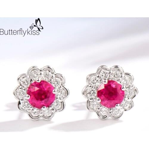 BK 18k White Gold Ruby Stud Earrings For Women Red Gemstone Genuine Gold 585 Flower Shape Female Wedding Promise Luxury Jewelry