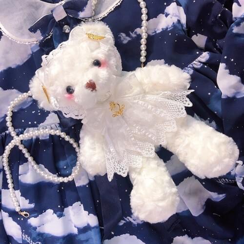 Cute Lolita Girl Gemini Bear Plush Hangbag Shoulder Bag Small Purse Bag Lace Strap Handmade Little Bag Black White