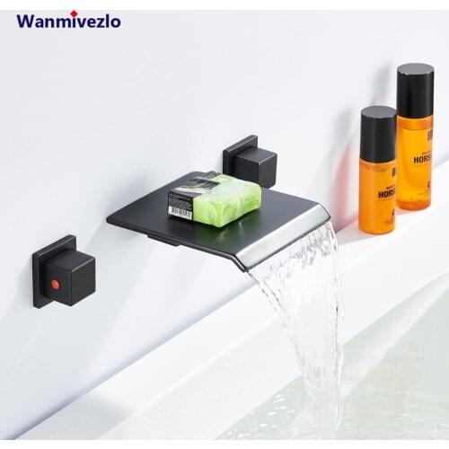Widespread Waterfall Bathtub Faucet Deck Mounted Tub Sink Mixer Dual Handle Cold Hot Water Spout Tap Matte Black Bathroom Faucet