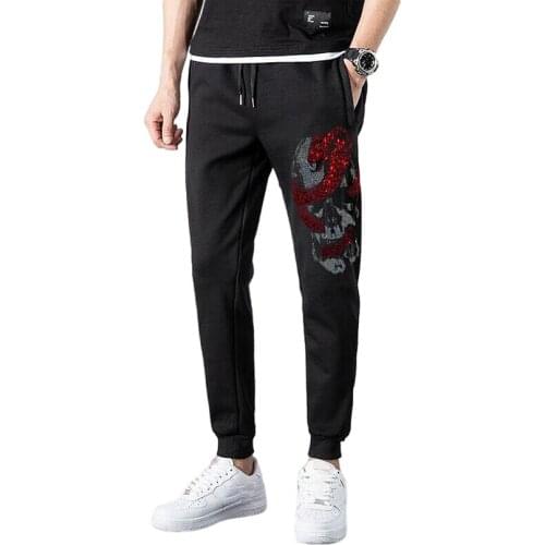 New Mens Skull Sweatpants Fitness Joggers 2020 Spring Male Side Hot drill High Street Hip Long Trousers Rhinestones Pants