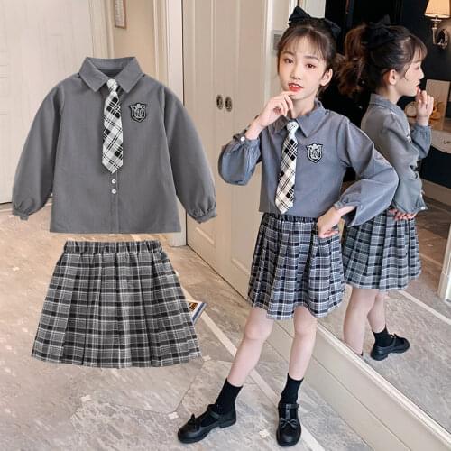 Spring Fall Clothes For Girl Necktie Blouse Top+Plaid Skirt Girls Clothing Set School Teenage Childrens Suits 4 6 8 10 12 13Yrs