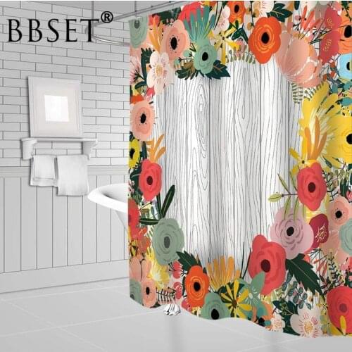 Flower Shower Curtain Wooden Board Hand Drawn Colorful Floral Pattern Waterproof Multi-size Cortina De Bano Bathroom Decor