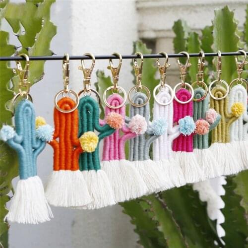 GREEN CACTUS Macrame Post Keychain Bag Charm Boho Accessory Gift Key Ring for Women Saguaro Plants- Cacti - Desert KL39F-39D