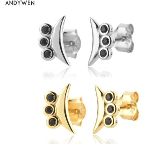 ANDYWEN 925 Sterling Silver Gold Black Zircon CZ Moon Piercing Stud Earring Women Luxury Jewelry Clips Fine Jewels Ting Party