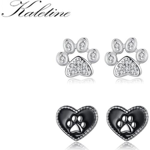KALETINE Animal Footprint 925 Sterling Silver Stud Earrings for Women Heart Vintage Fashion Cat Paw Earrings Wedding Jewelry