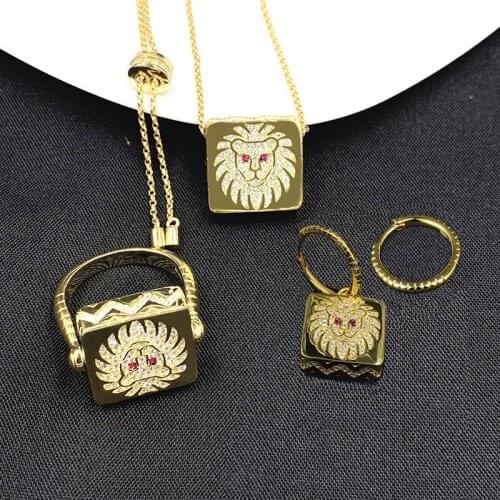18k Gold Plated Fashion Micro Pave CZ Crystals Ferocious Lion Sterling Silver Ring Earrings Necklace Sets Jewelry For Women