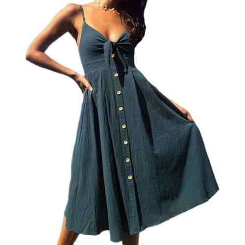 6 Colour Sexy Bow Backless Polka Dots Beach Summer Dress Women Cotton Deep V Neck Buttons Red White Off Shoulder Midi Dresses