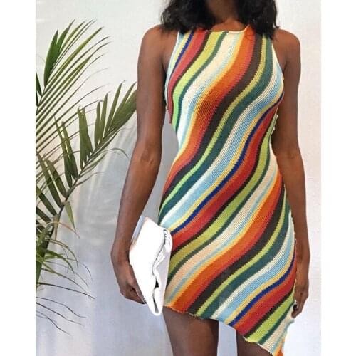 2021 Summer Fashion Women Striped Printed Sexy Bodycon Dress Sleeveless Slim Crop Club Party Streetwear Mini Dress Female