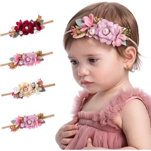 16pc/lot Bputique Pearl Flower Headband,Baby Rose Flower Nylon Headband Girls Photo Prop Hair Bands Kids Lace Pearl HeadbandS