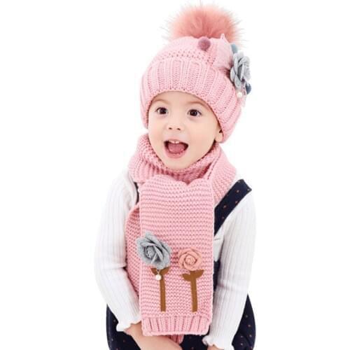 Childrens Cute Flower Scarf Hat Set Girls Soft Thickened Pom pom Beanie Scarf Set Kids Winter Scarf Hat Kit 2pcs