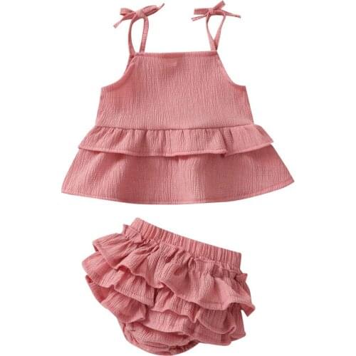 2021 0-24M Newborn Baby Girl Clothes Set Ruffle Pink Solid Sleeveless Top Vest+Layered Shorts Summer 2pcs Outfits Set