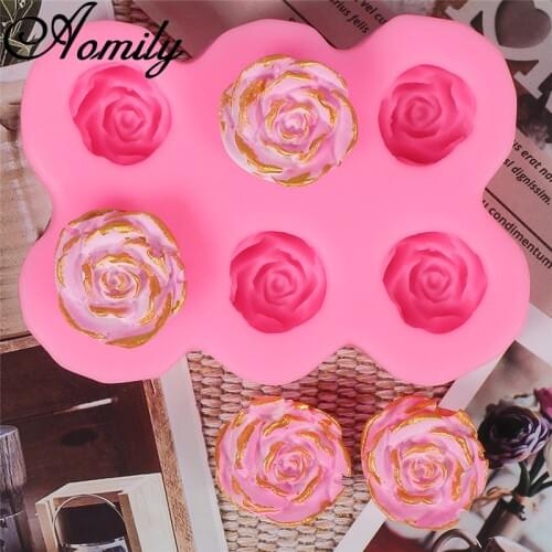 Aomily 6 Holes Rose Flowers Shaped Silicone Stapmer Molds DIY Handmade Fondant Cake Mold Sugar Craft Chocolate Mould Baking Tool
