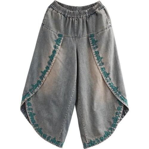 Harajuku Womens Jeans Ethnic Retro Embroidery Flower Trousers Plus Size Loose Nine-Point Spring Mujer Denim Wide-Leg Pants
